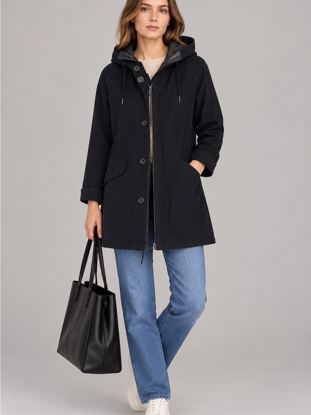 Sandro Paris Wool Blend Hooded Parka Coat with Genuine Lamb Leather Trim XL